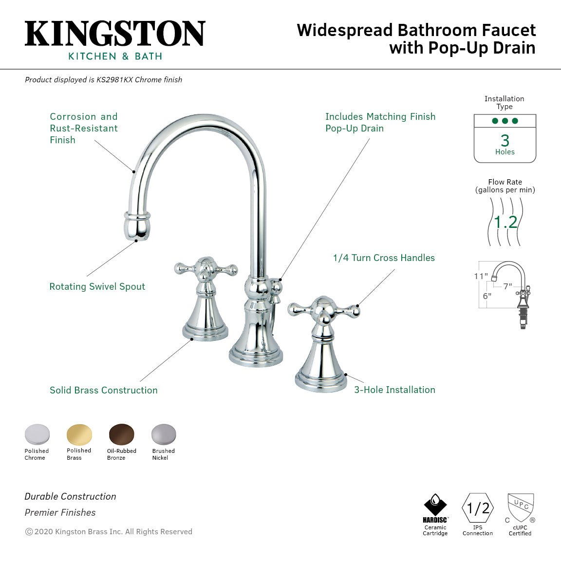 Kingston Tulare KS2981KX - Governor Two-Handle 3-Hole Deck Mount Widespread Bathroom Faucet with Brass Pop-Up, Polished Chrome — thumbnail 3